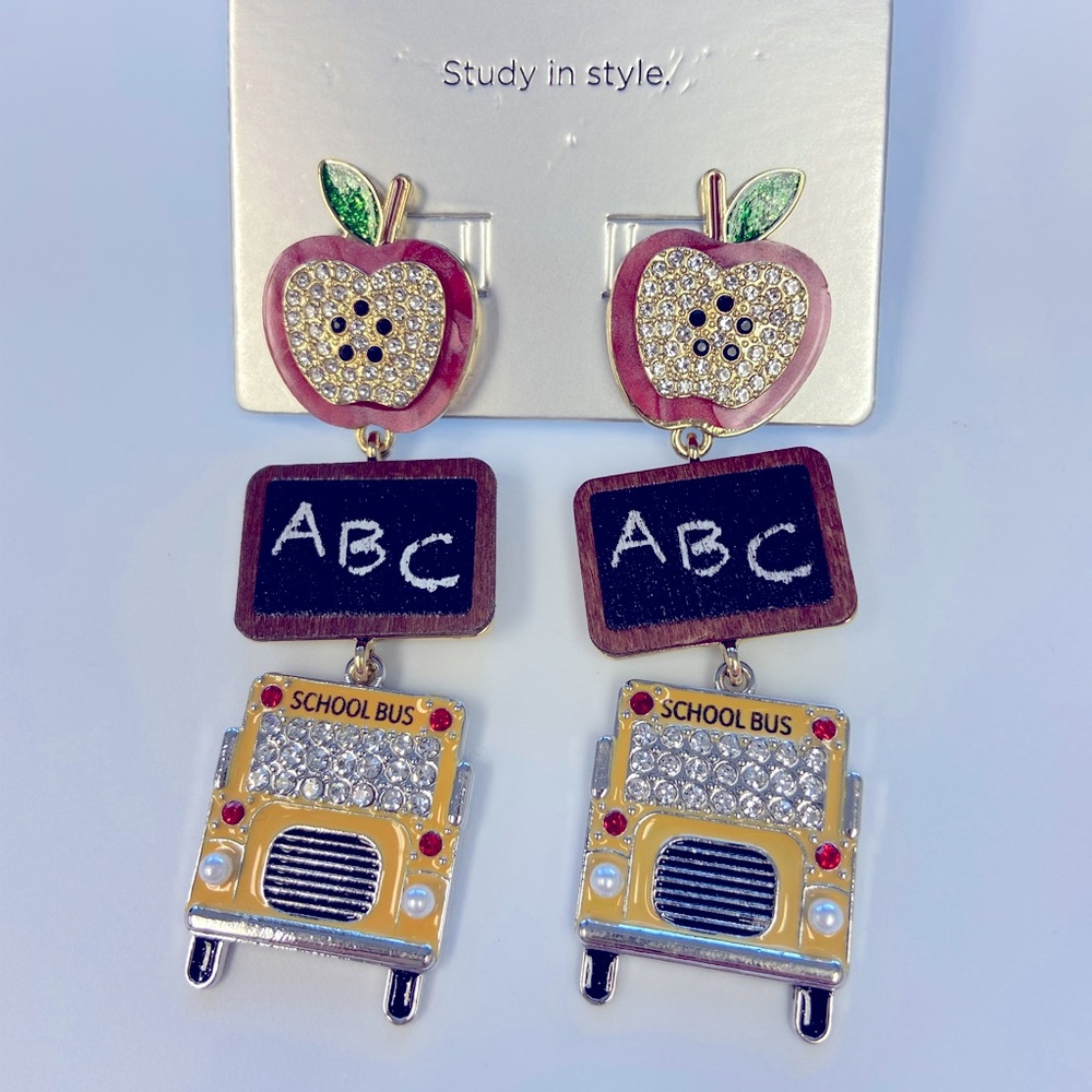 NEW BaubleBar Teacher school bus apple chalkboard holiday enamel earrings